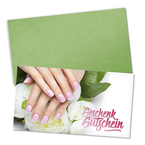 100 hochwertige Gutscheinkarten + 100 Kuverts. Gutscheine für Nagelstudio Fingernagelstudio Nailart Kosmetikinstitut. Vorderseite hochglänzend. KS1275 von geschenkgutschein.com