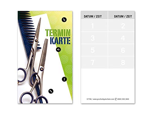 100 hochwertige Terminkarten für Friseursalon Coiffeur. Vorderseite hochglänzend. K7708 von geschenkgutschein.com