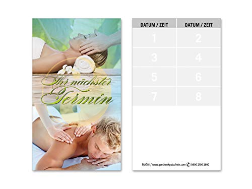 200 hochwertige Terminkarten für Physiotherapie Kosmetiksalon Massagepraxis. Vorderseite hochglänzend. MA781 von geschenkgutschein.com