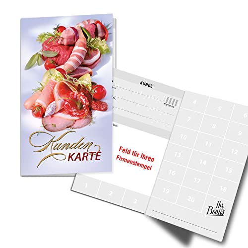 500 Bonuskarten/Treuekarten mit 20 Feldern, für Fleisch- und Wurstwaren Metzgerei. Praktisches Scheckkartenformat. Außenseiten glänzend. M559 von geschenkgutschein.com