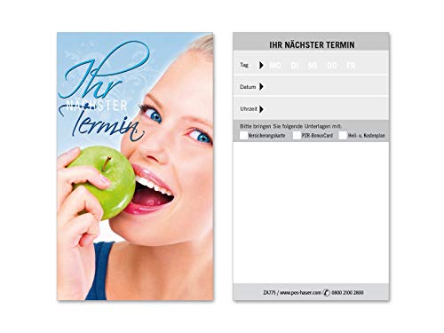 500 Terminkarten, 8 Termine pro Karte = 4.000 Termine, Scheckkartenformat. Für Zahnarzt Kontrolltermin. Vorderseite glänzend. ZA775 von geschenkgutschein.com