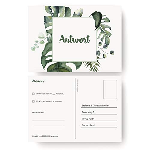 (10 x) Antwortkarten Hochzeit Hochzeitskarten Antwort Postkarte Einladung - Dschungel von gestaltenlassen.com