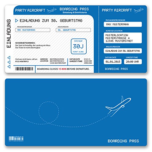 (10 x) Einladungskarten Geburtstag Flugticket Ticket Karte Einladungen in Blau von gestaltenlassen.com
