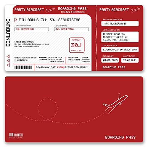 (10 x) Einladungskarten Geburtstag Flugticket Ticket Karte Einladungen in Rot von gestaltenlassen.com