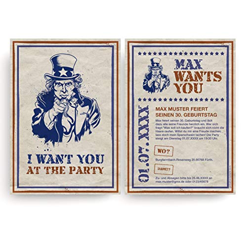 (10 x) Einladungskarten Geburtstag - I Want You - Uncle Sam USA lustig witzig Einladungen von gestaltenlassen.com