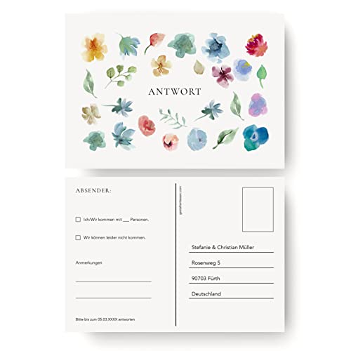 (20 x) Antwortkarten Hochzeit Hochzeitskarten Antwort Postkarte Einladung - Aquarell von gestaltenlassen.com