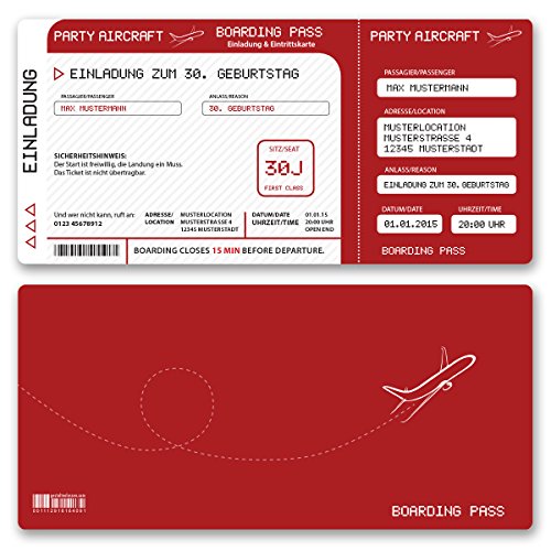 (20 x) Einladungskarten Geburtstag Flugticket Ticket Karte Einladungen in Rot von gestaltenlassen.com