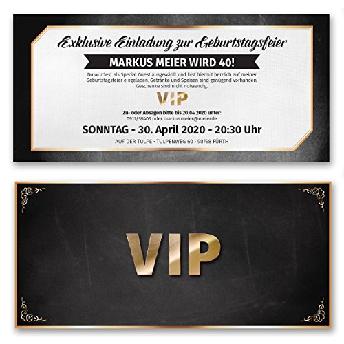 (20 x) Einladungskarten Geburtstag VIP Ticket Eintrittskarte Gold Schwarz Einladungen von gestaltenlassen.com