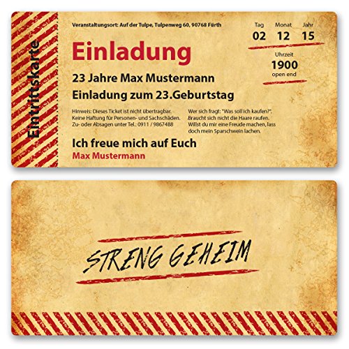 (20 x) Einladungskarten Geburtstag Vintage Retro Alt Look Karte Einladungen Braun von gestaltenlassen.com