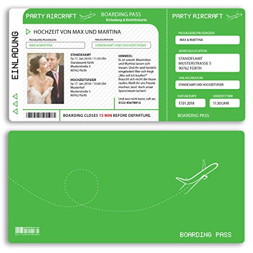 (20 x) Hochzeitseinladungskarten Flugticket Boarding Pass grün Einladungskarten Hochzeit von gestaltenlassen.com