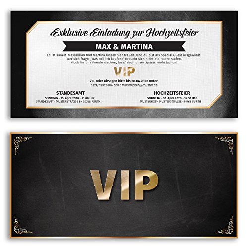 (20 x) Hochzeitseinladungskarten VIP Ticket Gold edel Einladungskarten Hochzeit von gestaltenlassen.com