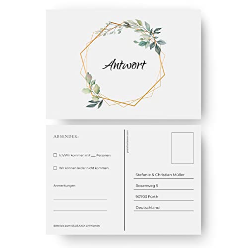 (50 x) Antwortkarten Hochzeit Hochzeitskarten Antwort Postkarte Einladung - Goldrahmen von gestaltenlassen.com
