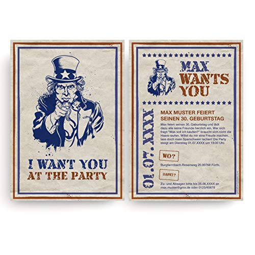 (50 x) Einladungskarten Geburtstag - I Want You - Uncle Sam USA lustig witzig Einladungen von gestaltenlassen.com