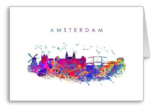 Amsterdam City Skyline Stadtland-Karte, blanko, Geburtstag, für jeden Anlass, Aquarell-Effekt (Umschlag im Lieferumfang enthalten) von gfc