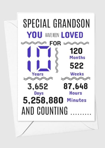Geburtstagskarte für Enkelsohn, 10. Geburtstag, Aufschrift "We have loved you for days months years special A5 size Geburtstagskarte für Enkelsohn, 10. Geburtstag, Aufschrift "We have loved you for days months years special A5 size von gfc
