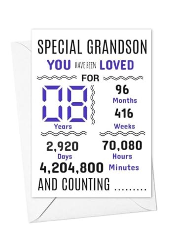 Geburtstagskarte für Enkelsohn, 8. Geburtstag, Aufschrift "We have loved you for days months years special A5 size Geburtstagskarte für Enkelsohn, 8. Geburtstag, Aufschrift "We have loved you for days months years special A5 size von gfc