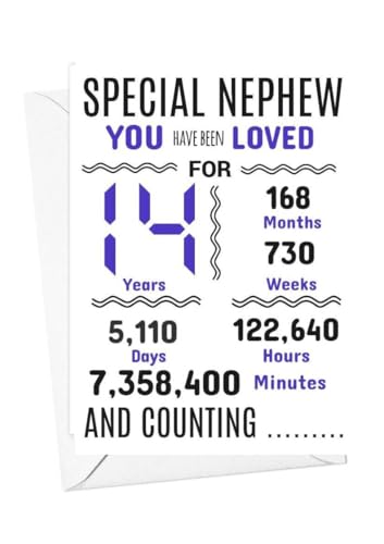 Geburtstagskarte für Neffen zum 14. Geburtstag, Aufschrift "We have loved you for days months years special A5 size Geburtstagskarte für Neffen zum 14. Geburtstag, Aufschrift "We have loved you for days months years special A5 size von gfc