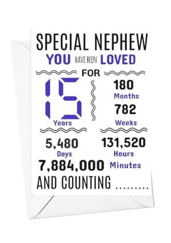 Geburtstagskarte für Neffen zum 15. Geburtstag, Aufschrift "We have loved you for days months years special A5 size Geburtstagskarte für Neffen zum 15. Geburtstag, Aufschrift "We have loved you for days months years special A5 size von gfc