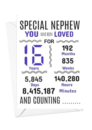 Geburtstagskarte für Neffen zum 16. Geburtstag, Aufschrift "We have loved you for days months years special A5 size Geburtstagskarte für Neffen zum 16. Geburtstag, Aufschrift "We have loved you for days months years special A5 size von gfc