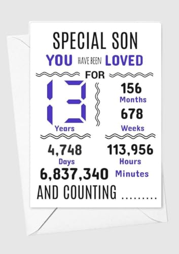 Geburtstagskarte für den Sohn zum 13. Geburtstag, Aufschrift "We have loved you for days months years special A5 size Geburtstagskarte für den Sohn zum 13. Geburtstag, Aufschrift "We have loved you for days months years special A5 size von gfc
