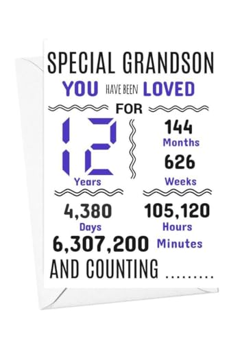 Geburtstagskarte zum 12. Geburtstag für Enkelsohn, mit Aufschrift "We have loved you for days months years special A5 size Geburtstagskarte zum 12. Geburtstag für Enkelsohn, mit Aufschrift "We have loved you for days months years special A5 size von gfc