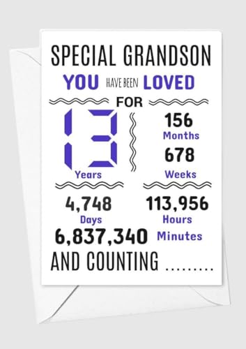 Geburtstagskarte zum 13. Geburtstag für Enkelsohn, mit Aufschrift "We have loved you for days months years special A5 size Geburtstagskarte zum 13. Geburtstag für Enkelsohn, mit Aufschrift "We have loved you for days months years special A5 size von gfc