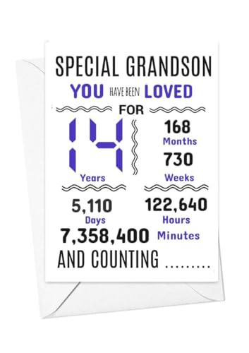 Geburtstagskarte zum 14. Geburtstag für Enkelsohn, Aufschrift "We have loved you for days months years special A5 size Geburtstagskarte zum 14. Geburtstag für Enkelsohn, Aufschrift "We have loved you for days months years special A5 size von gfc