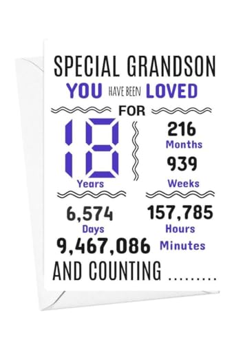 Geburtstagskarte zum 18. Geburtstag für Enkelsohn, mit Aufschrift "We have loved you for days months years special A5 size Geburtstagskarte zum 18. Geburtstag für Enkelsohn, mit Aufschrift "We have loved you for days months years special A5 size von gfc