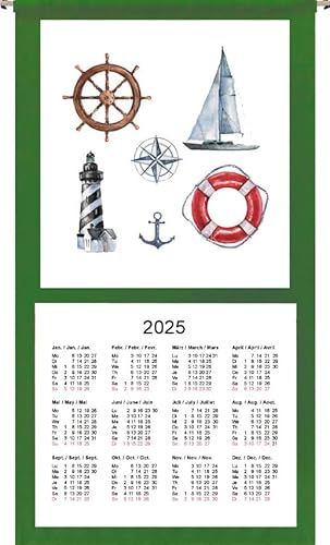 Wandkalender Stoffkalender 2025, 12 Monate, grüner Rand (Motiv Nautik-0929) von ggm