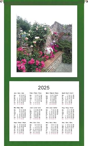 Wandkalender Stoffkalender 2025, 12 Monate, grüner Rand (Motiv Rosenbeet-0925) von ggm