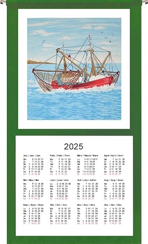 Wandkalender Stoffkalender 2025, 12 Monate, grüner Rand (Motiv Schiff-0911) … von ggm