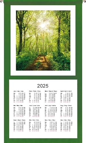 Wandkalender Stoffkalender 2025, 12 Monate, grüner Rand (Motiv Wald-0903) von ggm