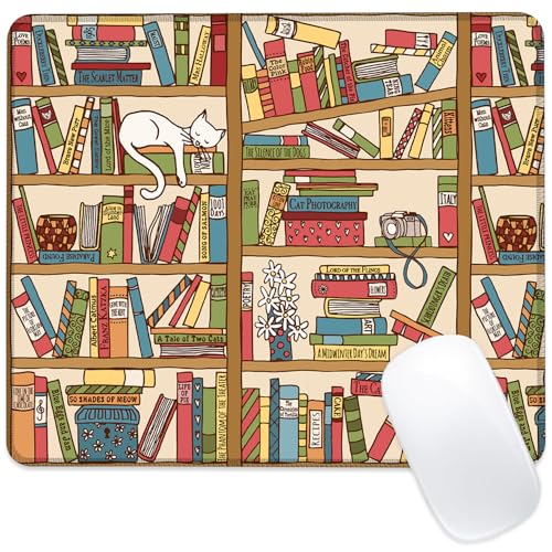 Bücherregal mit schlafender Katze, quadratisches Mauspad mit genähtem Rand, Computer-Mauspad mit rutschfester Gummiunterseite für Computer, Laptop, Büro, Schreibtisch, Zubehör, 24,1 x 20,3 cm von ghatobty