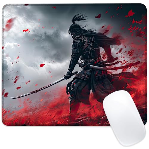 Japanisches Samurai-Mauspad, quadratisch, rutschfeste Gummiunterseite, Mauspad mit genähtem Rand, tragbare Mauspads für Schreibtisch, Computer, Laptop, Büro, 24,1 x 20,3 cm von ghatobty