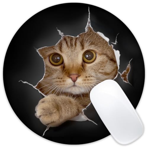 Mauspad Katze im Loch, rund, rutschfeste Gummiunterseite, Mauspad mit genähtem Rand für kabellosen Computer, Laptop, Büro, Schreibtisch, Zubehör, 20,3 x 20,3 cm von ghatobty