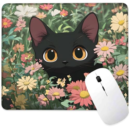 Mauspad mit schwarzer Katze unter Blumen, quadratisch, rutschfeste Gummiunterseite, Mauspad mit genähtem Rand, tragbare Mauspads für Schreibtisch, Computer, Laptop, Büro, 24,1 x 20,3 cm Mauspad mit schwarzer Katze unter Blumen, quadratisch, rutschfeste Gummiunterseite, Mauspad mit genähtem Rand, tragbare Mauspads für Schreibtisch, Computer, Laptop, Büro, 24,1 x 20,3 cm von ghatobty