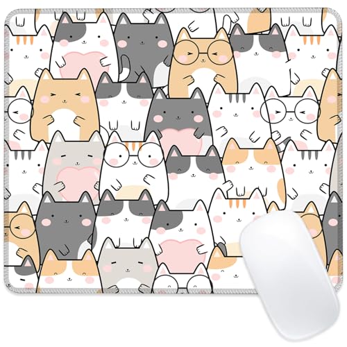 Niedliches Katzen-Mauspad, quadratisch, mit genähtem Rand, Computer-Mauspad mit rutschfester Gummiunterseite für Computer, Laptop, Büro, Schreibtisch, Zubehör, 24,1 x 20,3 cm von ghatobty