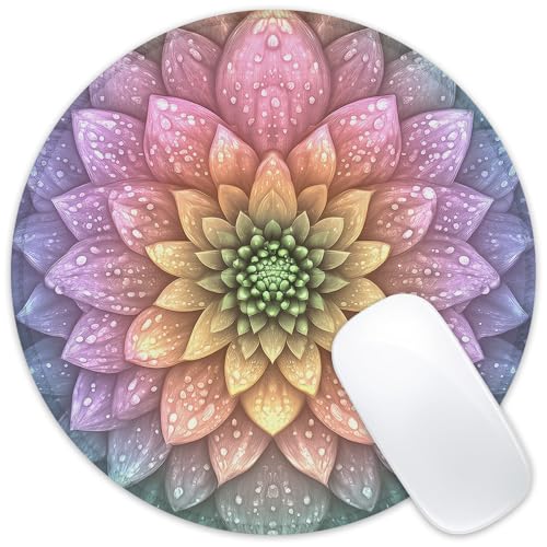 ghatobty Mauspad, Regenbogen-Dahlie mit Tautropfen, rundes Mauspad mit rutschfester Gummiunterseite, genähter Rand, Mauspad für Zuhause, Büro, Dekoration, Schreibtischzubehör, 20,3 x 20,3 cm ghatobty Mauspad, Regenbogen-Dahlie mit Tautropfen, rundes Mauspad mit rutschfester Gummiunterseite, genähter Rand, Mauspad für Zuhause, Büro, Dekoration, Schreibtischzubehör, 20,3 x 20,3 cm von ghatobty