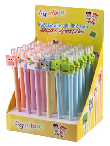 gimboo Kugelschreiber mit austauschbarer Mine 0,5 mm/Pixel-Tierthemen/ 36 Stück/Tinte: Blau/Radierbar Löschbare/verpackt im Display von gimboo