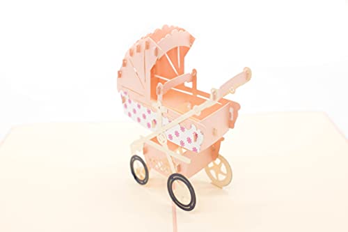 glücksgreissler Karte Geburt Mädchen Baby Party 3D Popup Postkarte Faltkarte Kinderwagen Mädchen, Neutral, Pink Gratulation zur Geburt oder Kinderwagen Gutschein von glücksgreissler