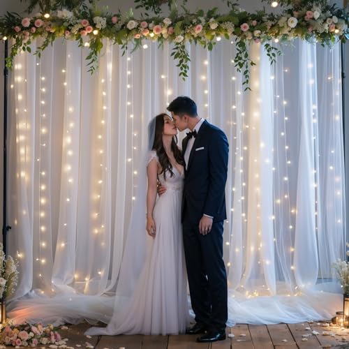 3 m x 2,4 m weißer transparenter Tüll-Hintergrund, Vorhänge mit Lichterkette, Hochzeitshintergrund für Empfang, Zeremonie, Geburtstag, Party, Babyparty, Fotoautomaten-Hintergrunddekoration 3 m x 2,4 m weißer transparenter Tüll-Hintergrund, Vorhänge mit Lichterkette, Hochzeitshintergrund für Empfang, Zeremonie, Geburtstag, Party, Babyparty, Fotoautomaten-Hintergrunddekoration von gogoparti