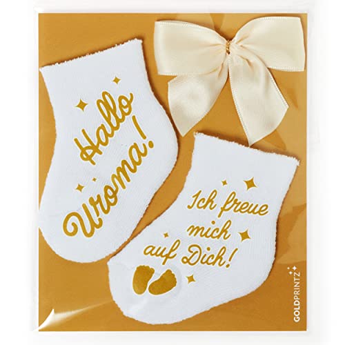 goldprintz I Hallo I Du wirst Uroma I Schwangerschaft verkünden mit einzigartiger Babysocken-Postkarte I Gold bedruckte Erstlingssocken I Geschenk I wir bekommen ein Baby von goldprintz