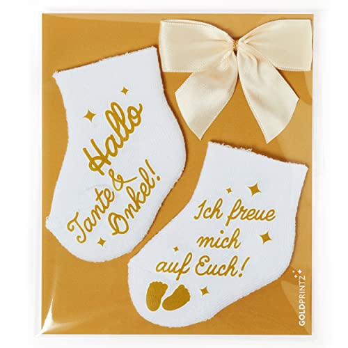 goldprintz I Hallo I Ihr werde Tante und Onkel I Schwangerschaft verkünden mit einzigartiger Babysocken-Postkarte I Gold bedruckte Erstlingssocken I Geschenk I wir bekommen ein Baby von goldprintz