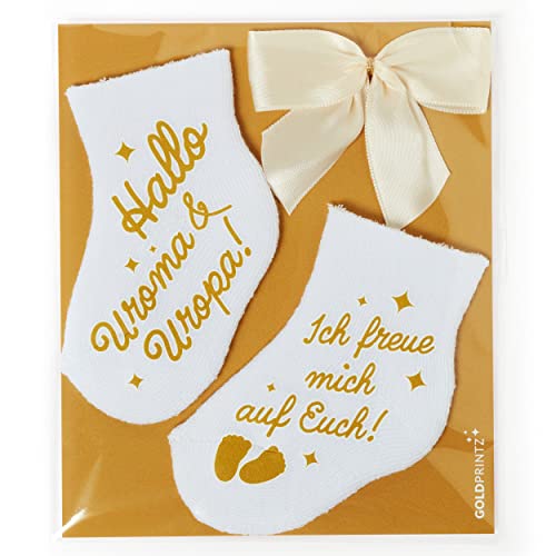 goldprintz I Hallo I Ihr werdet Uroma und Uropa I Schwangerschaft verkünden mit einzigartiger Babysocken-Postkarte I Gold bedruckte Erstlingssocken I Geschenk I wir bekommen ein Baby von goldprintz