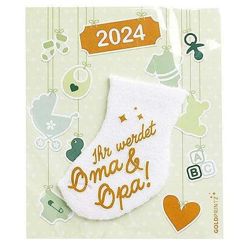 goldprintz I Ihr werdet Oma und Opa I 2024 Geburt I Schwangerschaft verkünden mit Babysocken-Postkarte I goldig bedruckte Erstlingssocke I kreatives Geschenk I wir bekommen ein Baby von goldprintz