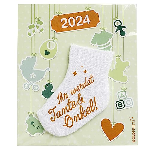 goldprintz I Ihr werdet Tante und Onkel I 2025 Geburt I Schwangerschaft verkünden mit Babysocken-Postkarte I goldig bedruckte Erstlingssocke I kreatives Geschenk I wir bekommen ein Baby von goldprintz