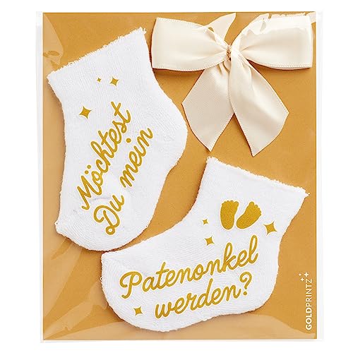 goldprintz I Möchtest Du mein Patenonkel werden I Schwangerschaft verkünden mit einzigartiger Babysocken-Postkarte I Gold bedruckte Erstlingssocken I Geschenk I wir bekommen ein Baby von goldprintz