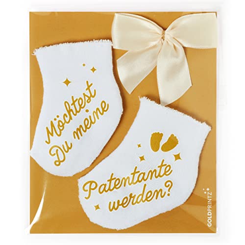 goldprintz I Möchtest Du meine Patentante werden I Schwangerschaft verkünden mit einzigartiger Babysocken-Postkarte I Gold bedruckte Erstlingssocken I Geschenk I wir bekommen ein Baby von goldprintz