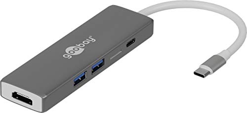 Goobay 45850 USB-C-Multiport-Adapter USB, CR, PD, Alu, grau - erweitert ein USB-C Gerät um zwei USB 3.0- und einen USB-C-Anschluss, einen HDMI-ANschluss sowie einen Kartenschacht für mircoSD Karten von goobay