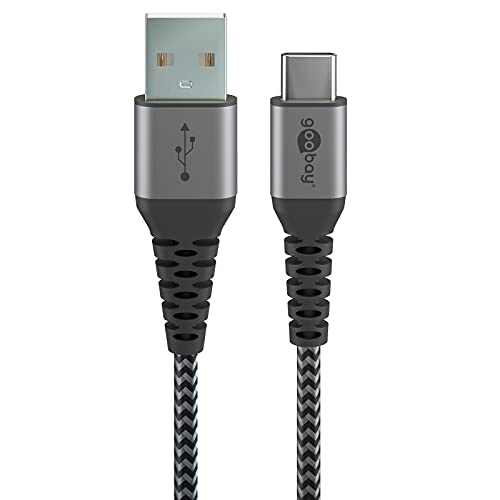 Goobay 49296 Schnellladekabel USB C auf USB A 60W 20V / Extrem robustes Textilkabel / 480 Mbits Ladekabel USB C / Schnellladekabel Samsung USB C Kabel 1m / Stoffkabel Grau / 1m von goobay